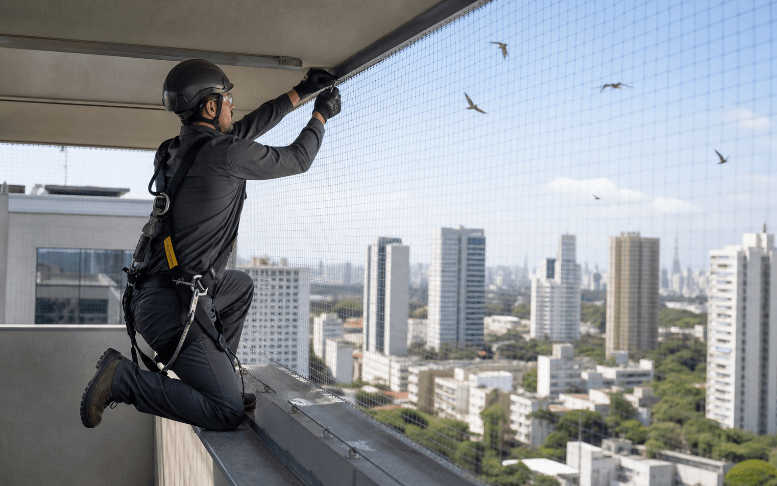 Profissional com EPIs instalando barreira de proteção para controle de aves