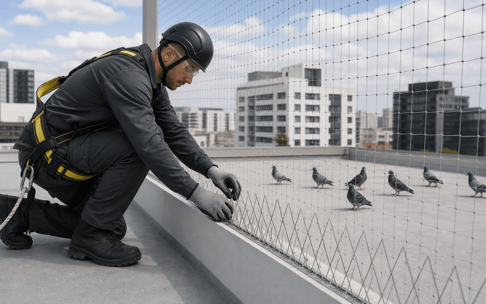 Profissional instalando telas e barreiras para controle de pombos
