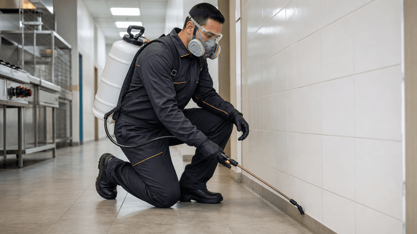 Técnico uniformizado e com EPIs realizando controle profissional de pragas