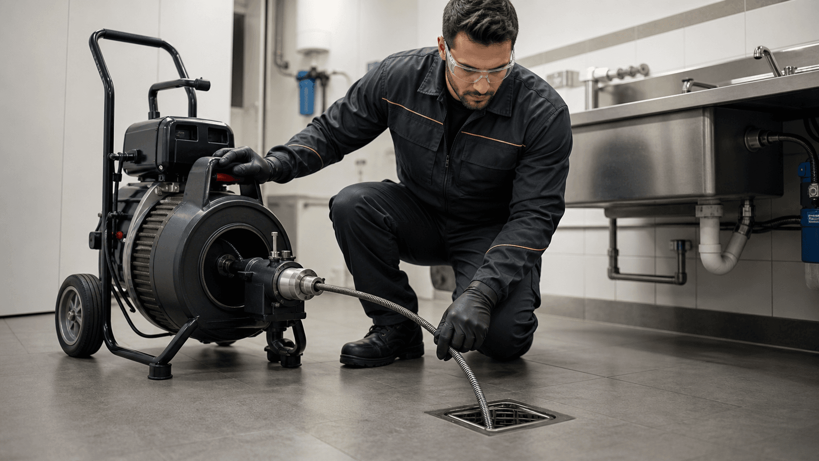 Técnico operando equipamento profissional de desentupimento com sistema rotativo