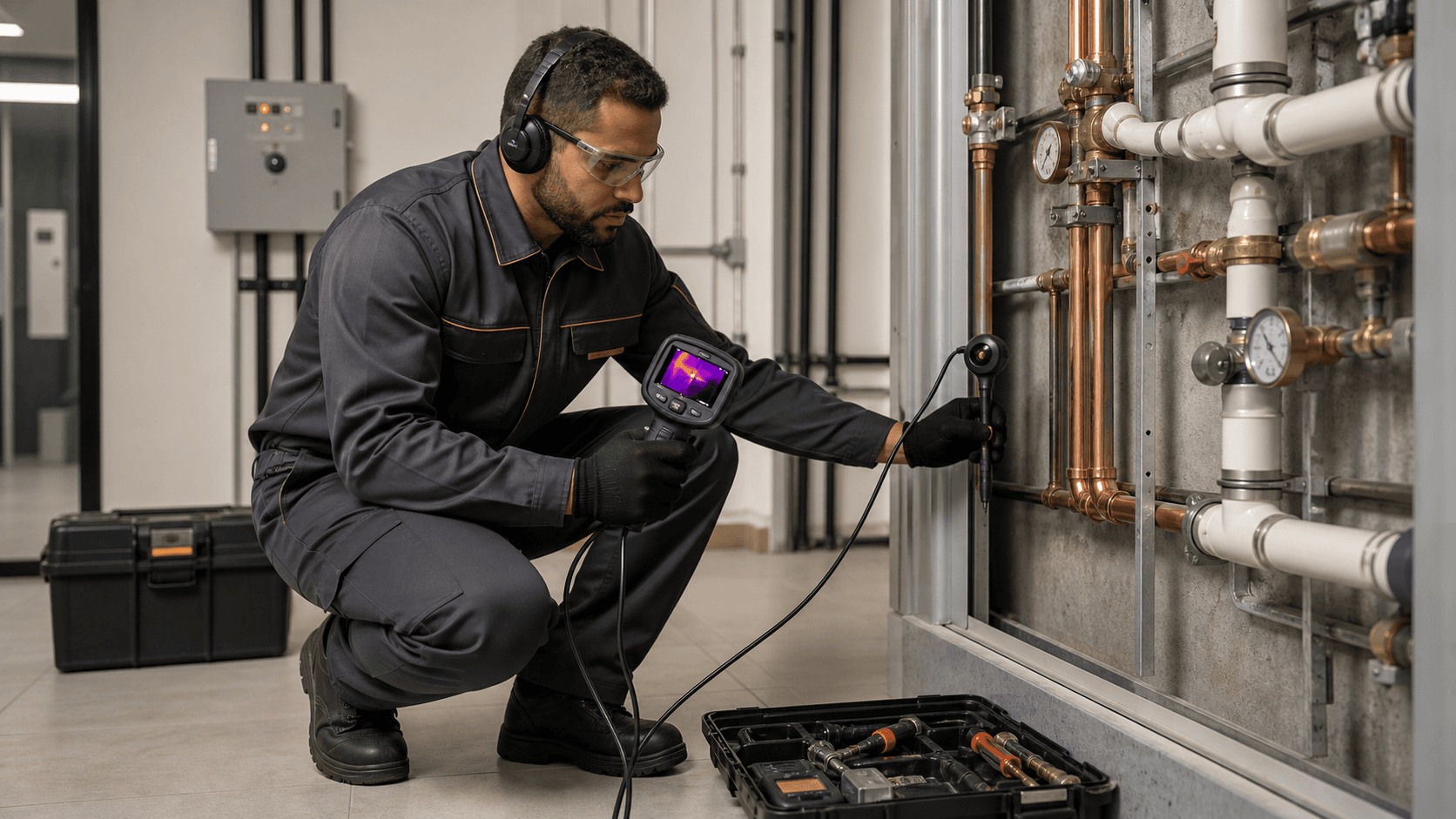 Técnico utilizando equipamentos especializados para detectar vazamentos em tubulações