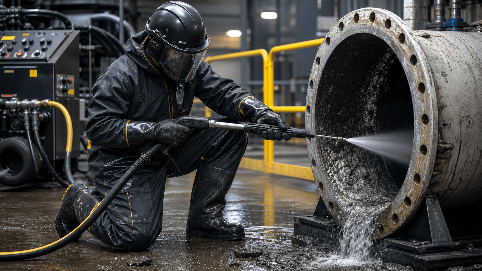 Profissional com EPIs realizando hidrojateamento em tubulação industrial
