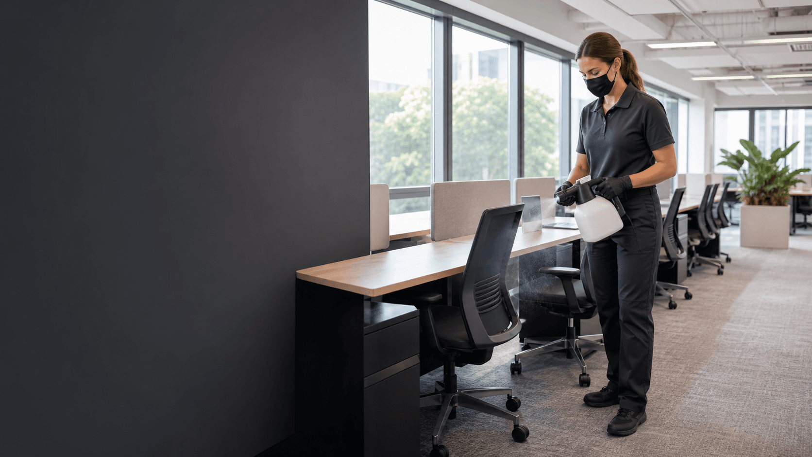 Profissional higienizando ambiente corporativo